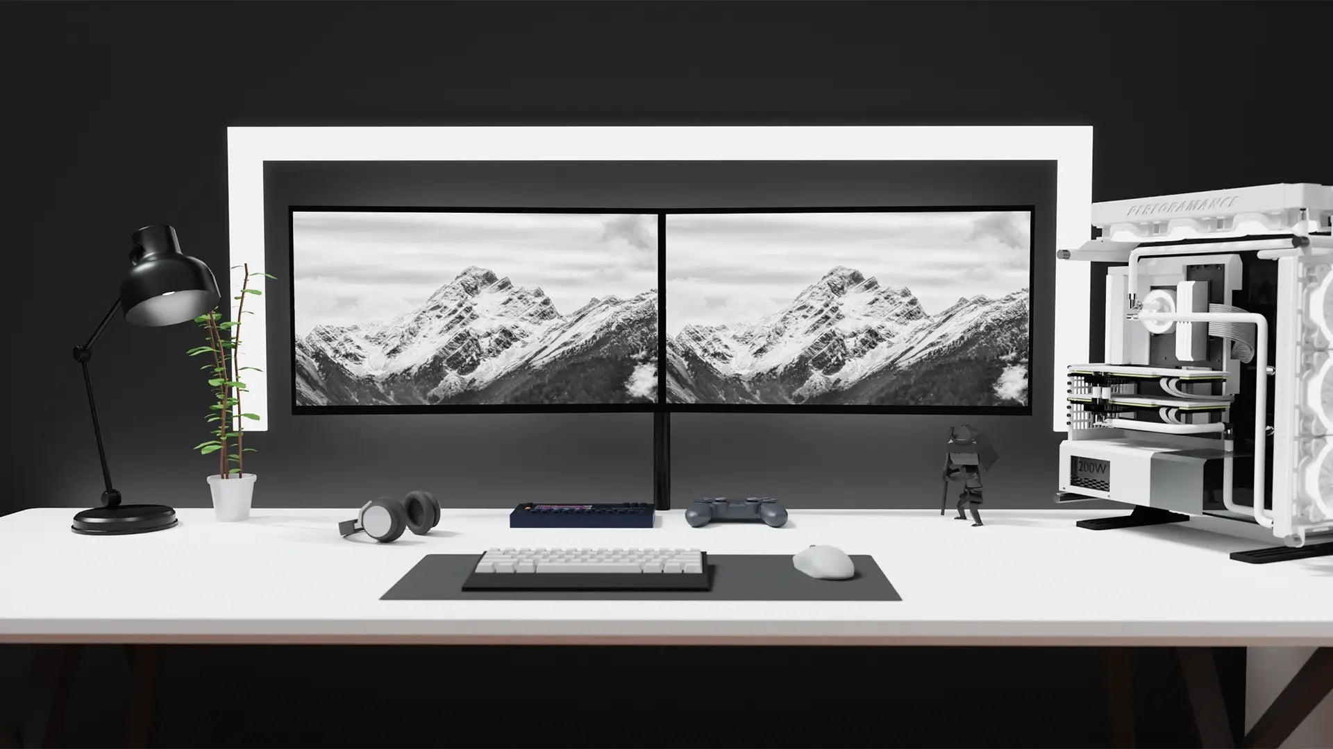 Black and White minimal Gaming Setup Render with Strumace gaming mousepad and accessories. 