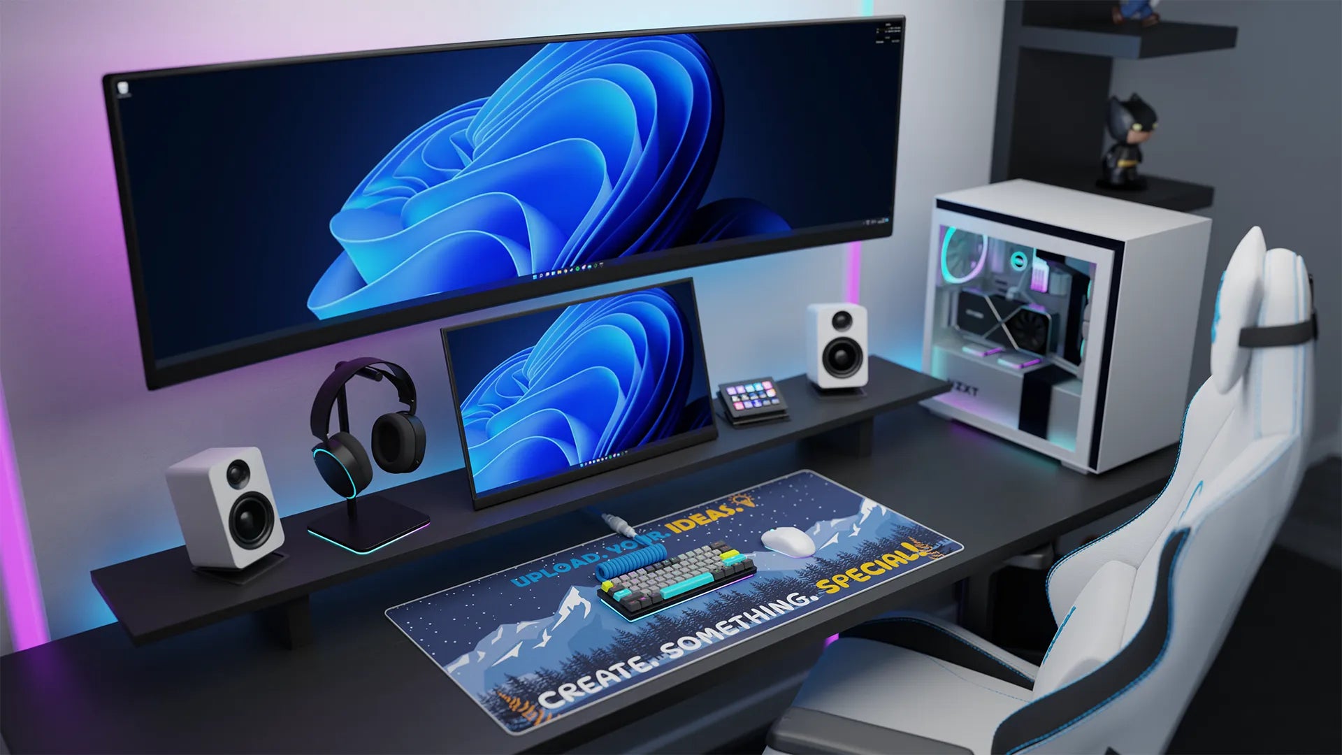 Colourful RGB render of a gaming set up with a custom mousepad on the desk. Gaming computer render, gaming chair render and duel gaming monitors.